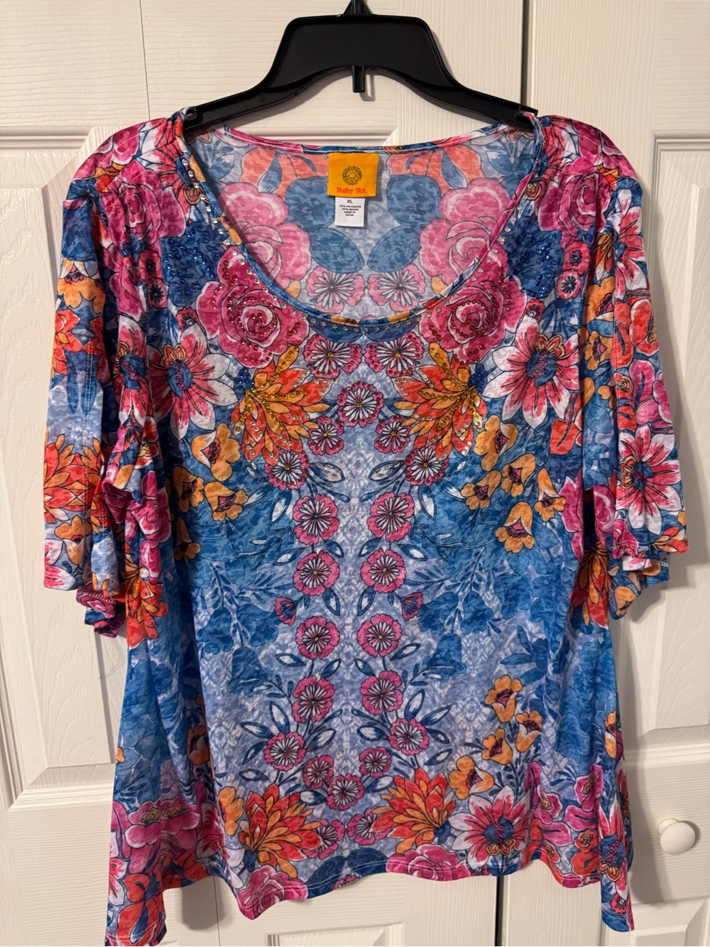 Ruby Rd. Blue Floral Scoop Neck Short Sleeve Top